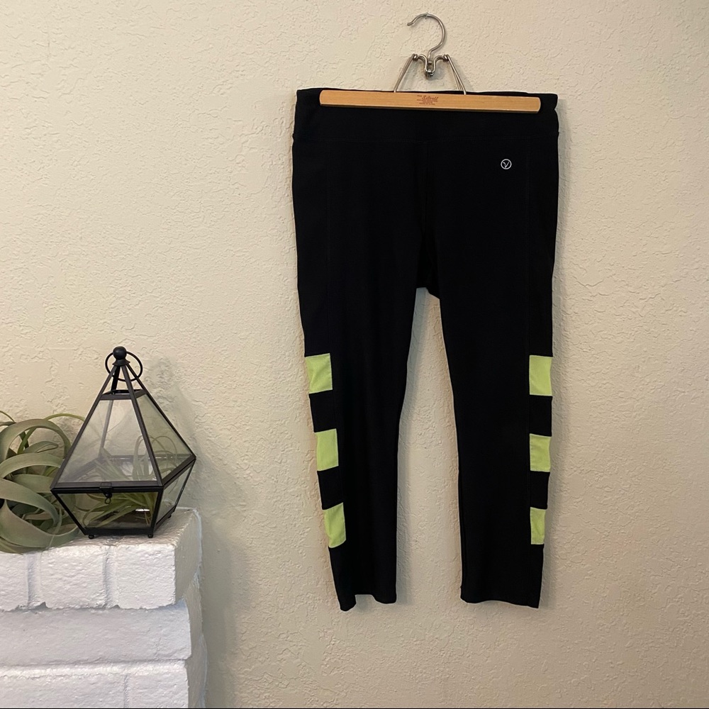 Vogo Athletica Black Leggings with Neon Yellow Sheer Cut Outs